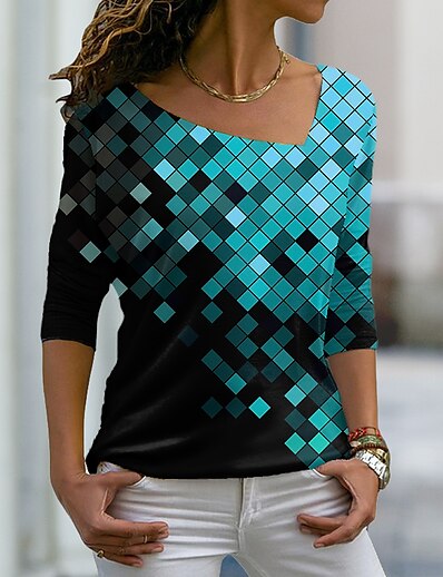 cheap Women&#039;s Tops-Women&#039;s Casual Daily Holiday T shirt Tee Plaid Painting Long Sleeve Plaid Sparkly Color Block V Neck Print Plaid Geometric Basic Tops Green Blue Purple S / 3D Print