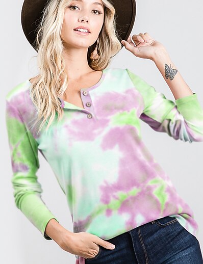 cheap Women&#039;s Tops-Women&#039;s T shirt Tie Dye V Neck Print Basic Tops Green Purple Fuchsia