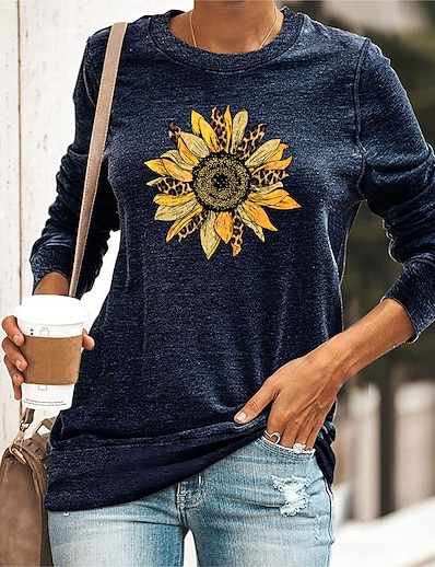 cheap Women&#039;s Tops-Women&#039;s Casual Daily T shirt Tee Long Sleeve Floral Leopard Sunflower Round Neck Print Basic Tops Green Black Blue S