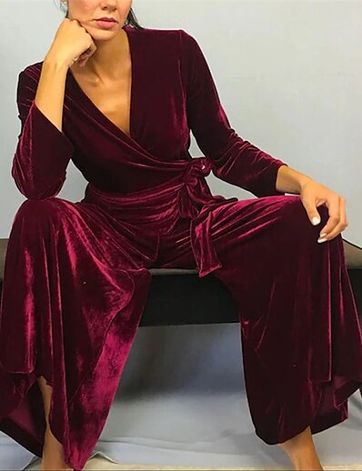 cheap Jumpsuits &amp; Rompers-Women&#039;s Jumpsuit Solid Color Lace up Elegant V Neck Party Evening Party &amp; Evening Long Sleeve Regular Fit Wine S M L Spring