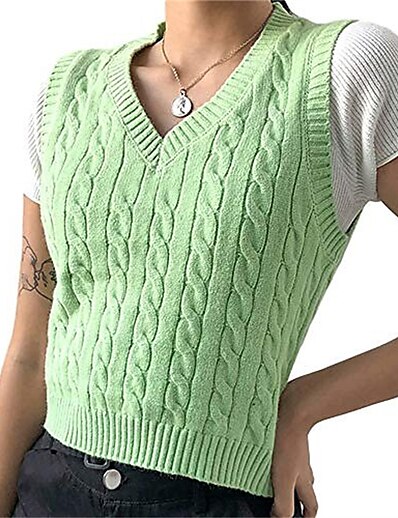 cheap Women&#039;s Tops-Women&#039;s Vest Solid Color Knitted Basic Casual Chunky Sleeveless Regular Fit Sweater Cardigans Fall Spring Summer V Neck Green Blue Gray / Going out
