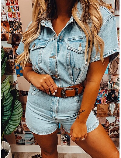 cheap Jumpsuits &amp; Rompers-Women&#039;s Romper Solid Colored Button Casual Shirt Collar Street Daily Wear Short Sleeves Regular Fit Light Blue S M L Summer