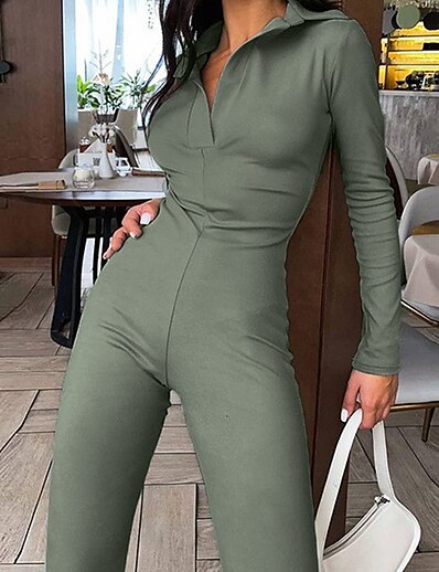 cheap Jumpsuits &amp; Rompers-Women&#039;s Jumpsuit Solid Color Casual Shirt Collar Daily Going out Long Sleeve Regular Fit Green Black Khaki S M L Spring