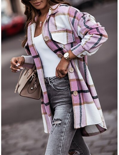 economico Top da donna-Per donna Blusa Shacket Camicia A quadri Color Block Colletto Tasche Pulsante Essenziale Streetwear Top Blu Rosa