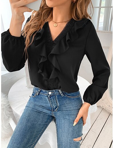 cheap Women&#039;s Tops-Women&#039;s Blouse Shirt Plain V Neck Ruffle Lace Trims Basic Streetwear Tops Black