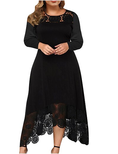 cheap Plus size-Women&#039;s Plus Size Solid Color A Line Dress Lace Round Neck Long Sleeve Work Basic Vintage Prom Dress Spring Summer Party Holiday Knee Length Dress Dress / Party Dress