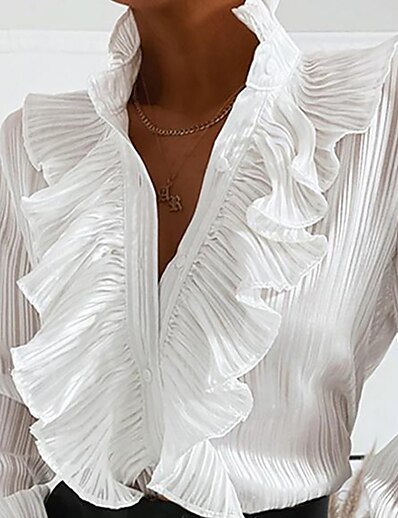 cheap Women&#039;s Tops-Women&#039;s Blouse Peasant Blouse Shirt Plain Standing Collar Ruffle Lace Elegant Casual Vintage Tops White Black