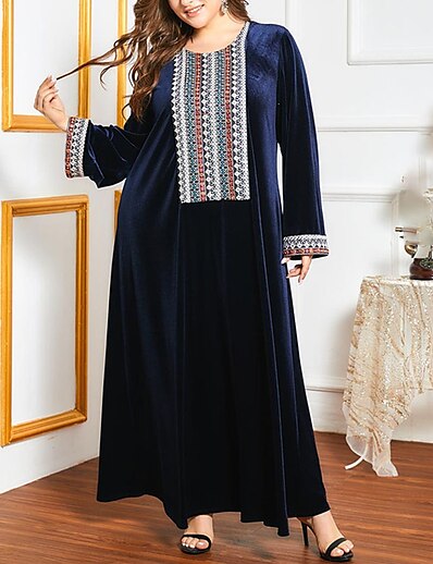 cheap Plus size-Women&#039;s Plus Size Striped Swing Dress Round Neck Long Sleeve Casual Spring Causal Daily Maxi long Dress Dress