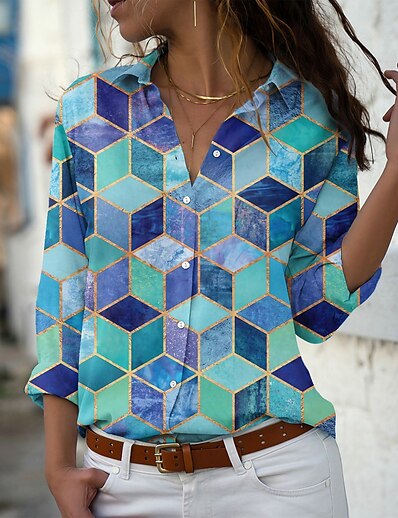 cheap Women&#039;s Tops-Women&#039;s Blouse Shirt Geometric Plaid Color Block Geometric Shirt Collar Button Print Casual Streetwear Tops Blue Purple Yellow / 3D Print