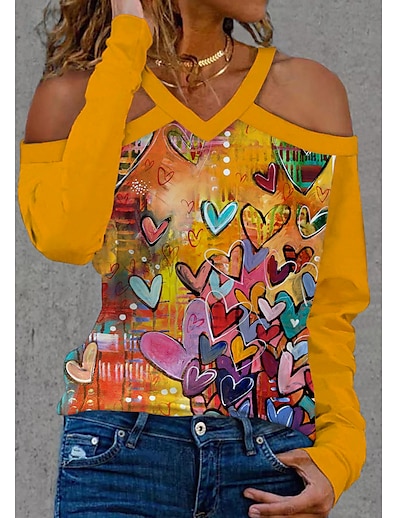 cheap Women&#039;s Tops-Women&#039;s T shirt Valentine&#039;s Day Couple Heart V Neck Cut Out Print Basic Tops Pink Yellow / 3D Print