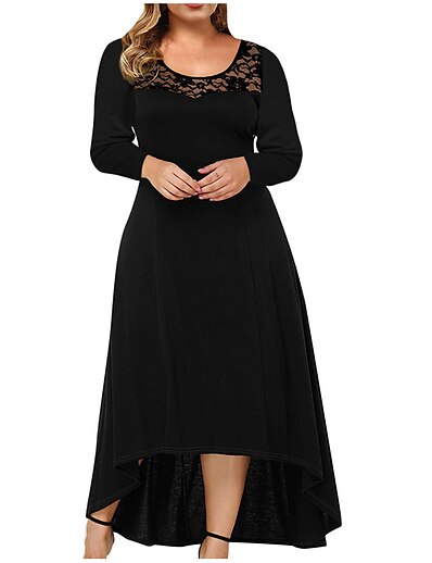 cheap Plus size-Women&#039;s Plus Size Solid Color Shift Dress Lace Round Neck Long Sleeve Casual Spring Summer Causal Daily Maxi long Dress Dress