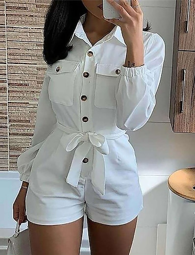 cheap Jumpsuits &amp; Rompers-Women&#039;s Romper Solid Colored Button Casual Shirt Collar Street Daily Wear Short Sleeves Regular Fit White S M L Summer
