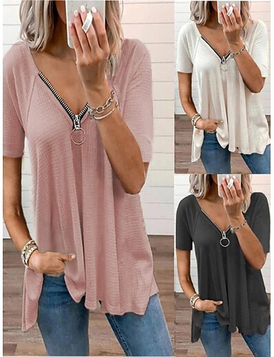 cheap Women&#039;s Tops-Women&#039;s Casual Daily T shirt Tee Short Sleeve Plain V Neck Basic Tops White Gray Pink S / Wash with similar colours / Micro-elastic