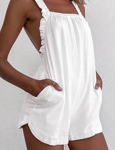 cheap Jumpsuits &amp; Rompers-Women&#039;s Romper Solid Color Backless Ruffle Active Square Neck Street Casual Spaghetti Strap Regular Fit White Black Red S M L Spring