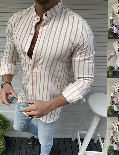 cheap Men&#039;s Clothing-Men&#039;s Shirt Bishop Sleeve Stripe Stand Collar Medium Spring &amp; Summer Pink Apricot
