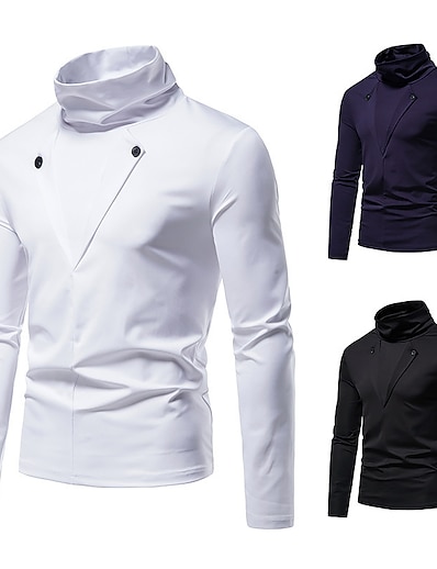 저렴한 남성용 의류-남성용 T 셔츠 셔츠 주름장식 표준 봄, 가을, 겨울, 여름 네이비 화이트 블랙