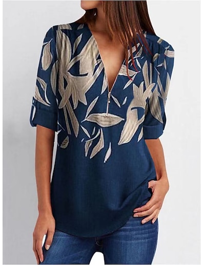 cheap Women&#039;s Tops-Women&#039;s Blouse Shirt Leaf V Neck Quarter Zip Print Basic Streetwear Tops Blue / 3D Print