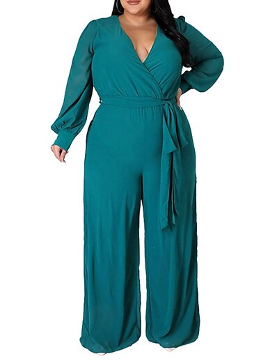 cheap Plus size-Women&#039;s Plus Size Jumpsuit Lace up Long Sleeve Solid Colored Fall Spring Ordinary Streetwear Green Black Red L XL XXL 3XL 4XL / V Neck