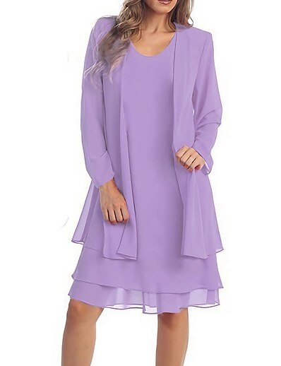 cheap Dresses-Women&#039;s Knee Length Dress Two Piece Dress Light Pink Black Purple Wine Long Sleeve Chiffon Solid Color Crew Neck Fall Spring Stylish Casual 2022 XL XXL 3XL 4XL 5XL