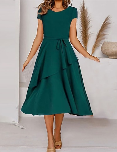 Χαμηλού Κόστους Τάσεις της μόδας 2022-Γυναικεία Φόρεμα μέχρι το γόνατο Φόρεμα σε γραμμή Α Πράσινο του τριφυλλιού Κοντομάνικο Πολυεπίπεδο Με Κορδόνια Συμπαγές Χρώμα Χαμόγελο Άνοιξη Καλοκαίρι Κομψό Βίντατζ 2021 M L XL 2XL 3XL 4XL