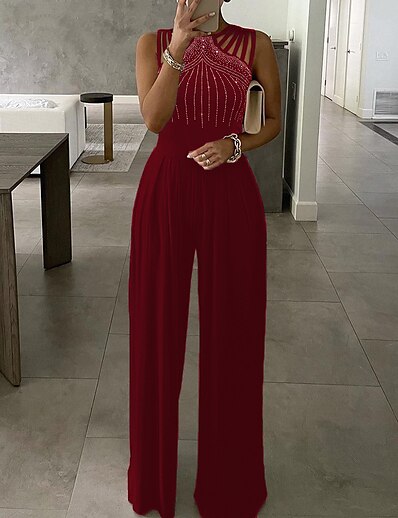 cheap Jumpsuits &amp; Rompers-Women&#039;s Jumpsuit Solid Color Beaded Elegant Crew Neck Wide Leg Party Evening Prom Sleeveless Regular Fit Blue Black Wine S M L Summer