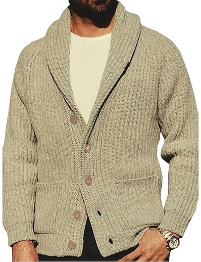 billige Herre Mode Beklædning-Herre Bluse Cardigan Vintage Stil V-hals Standard Vinter Kakifarvet
