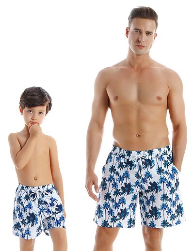 hesapli Family Matching Outfits-Baba ve ben Mayo Spor ve Açık Hava Grafik Yaprak Desen Havuz Günlük Eşleşen kıyafetler / Sonbahar / Yaz / Tatil
