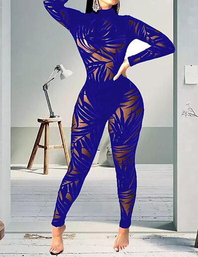 cheap Jumpsuits &amp; Rompers-Women&#039;s Jumpsuit Solid Color Cut Out Mesh Active Turtleneck Sport Daily Long Sleeve Regular Fit Blue Black Red S M L Spring