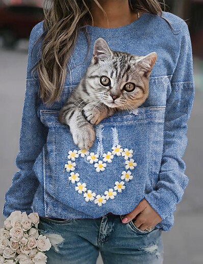 cheap Women&#039;s Tops-Women&#039;s Floral Cat 3D Sweatshirt Pullover Print 3D Print Daily Sports Active Streetwear Hoodies Sweatshirts  Blue