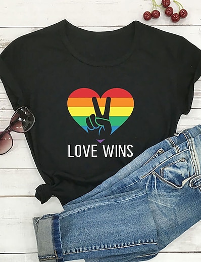 cheap Plus size-Women&#039;s Plus Size Tops T shirt Rainbow Heart Short Sleeve Print Basic Valentine&#039;s Day Festival Crewneck Cotton Daily Sports Spring Summer Olive Green White / Loose