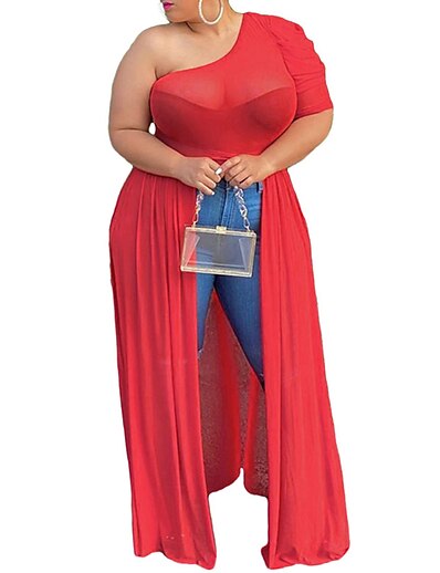 cheap Plus size-Women&#039;s Plus Size Tops Tunic Plain Half Sleeve Ruched Mesh Sexy Streetwear One Shoulder Polyester Daily Going out Spring Summer Black Red