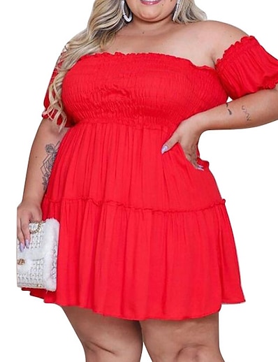 cheap Plus size-Women&#039;s Plus Size Solid Color A Line Dress Ruched Off Shoulder Short Sleeve Work Casual Spring Summer Causal Daily Short Mini Dress Dress