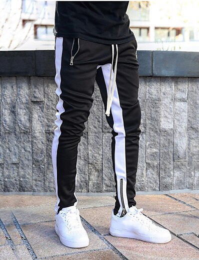 cheap Men&#039;s Bottoms-Men&#039;s Sporty Casual Side Stripe Elastic Waistband Drawstring Pants Sweatpants Trousers Full Length Pants Micro-elastic Daily Sports Cotton Solid Color Mid Waist Breathable Soft Slim White / Black