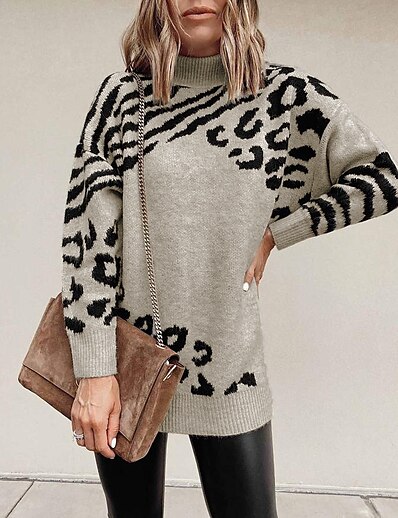 cheap Sweaters &amp; Cardigans-Women&#039;s Pullover Sweater Leopard Print Zebra Print Modern Style Basic Casual Long Sleeve Regular Fit Sweater Cardigans Fall Winter High Neck Blue Blushing Pink Grey / Holiday