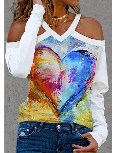 cheap Women&#039;s Tops-Women&#039;s T shirt Valentine&#039;s Day Geometric Couple Heart V Neck Cut Out Print Basic Tops Black Rainbow Yellow / 3D Print