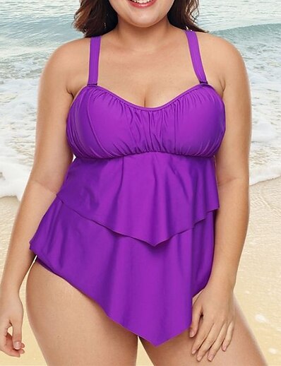 cheap Plus size-Women&#039;s Swimwear Tankini 2 Piece Plus Size Swimsuit Solid Color Open Back Basic for Big Busts Blue Purple Strap Camisole Bathing Suits Vacation Fashion New / Sexy / Modern / Padded Bras