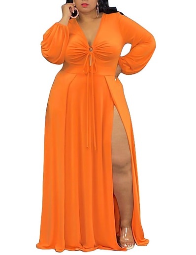 cheap Plus size-Women&#039;s Plus Size Solid Color A Line Dress Split V Neck Long Sleeve Work Sexy Prom Dress Fall Spring Party Vacation Maxi long Dress Dress