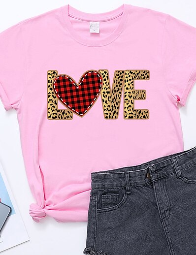 cheap Women&#039;s Tops-Women&#039;s T shirt Valentine&#039;s Day Painting Couple Plaid Heart Color Block Round Neck Print Basic Tops White Black Gray