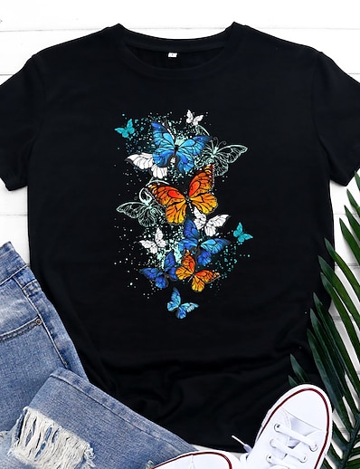 cheap Women&#039;s Tops-Women&#039;s T shirt Butterfly Graphic Butterfly Round Neck Print Basic Vintage Tops Blue Pink Wine