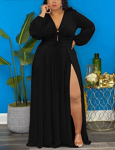 cheap Plus size-Women&#039;s Plus Size Solid Color A Line Dress V Neck Long Sleeve Work Sexy Fall Winter Maxi long Dress Dress