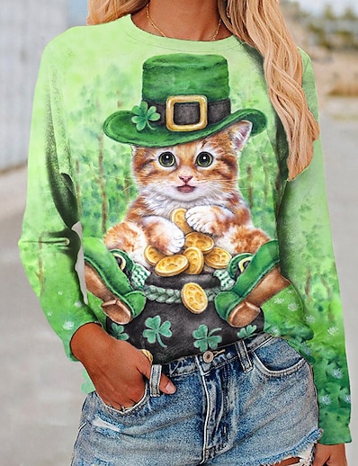 cheap Women&#039;s Tops-Women&#039;s T shirt Floral Theme Lucky 3D Cat Cat Leaf 3D Round Neck Print Basic Tops Green / 3D Print