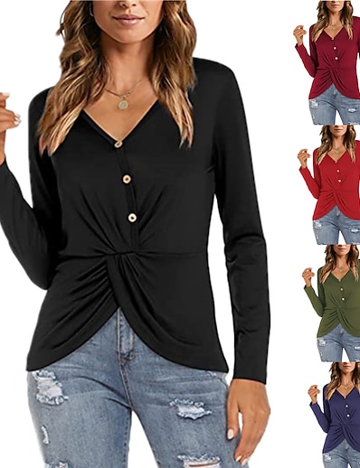cheap Women&#039;s Clothing-Women&#039;s Tops Long Sleeve V Neck Knit Tunic Blouse Tie Front T Shirts