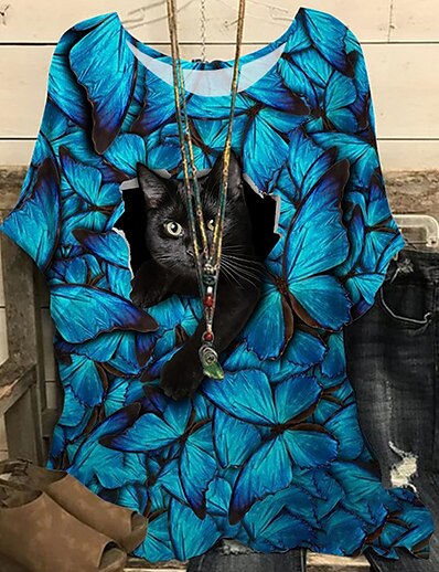 cheap Plus size-Women&#039;s Plus Size Tops Blouse Shirt Cat Animal Half Sleeve Print Vintage Streetwear Crewneck Cotton Spandex Jersey Daily Sports Spring Summer Blue Black