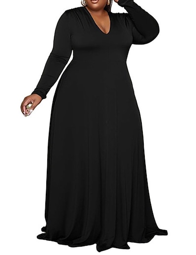 cheap Plus size-Women&#039;s Plus Size Solid Color A Line Dress V Neck Long Sleeve Work Basic Vintage Spring Summer Party Vacation Maxi long Dress Dress / Party Dress