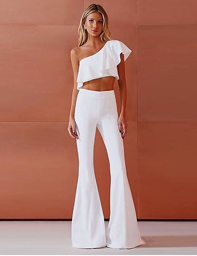 cheap Two Piece Set-Women&#039;s Sexy Solid Color Vacation Club Two Piece Set One Shoulder Jogger Pants Crop Top Pants Sets Ruffle Tops / Slim