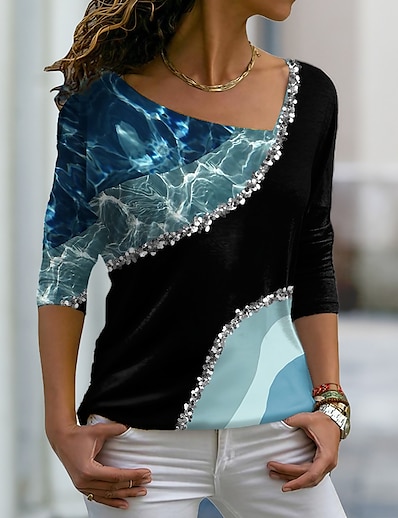 hesapli KADIN-Kadın&#039;s T gömlek Soyut Resim Grafik Zıt Renkli Geometrik V Yaka Desen Temel Üstler Yonca Havuz Mor / 3D Baskı