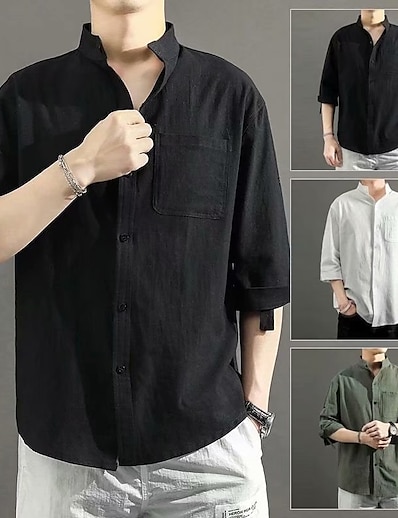 cheap Men&#039;s Clothing-Men&#039;s Shirt Elbow Sleeve Basic Shirt Collar Medium Spring &amp; Summer Green White Black