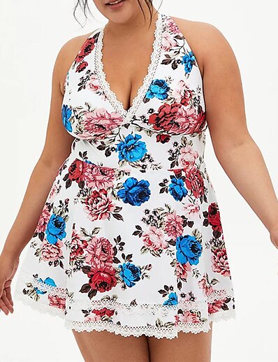 cheap Plus size-Women&#039;s Swimwear Tankini 2 Piece Plus Size Swimsuit Flower Open Back Printing for Big Busts White Plunge Tunic Bathing Suits Casual Vacation New / Modern / Spa / Padded Bras