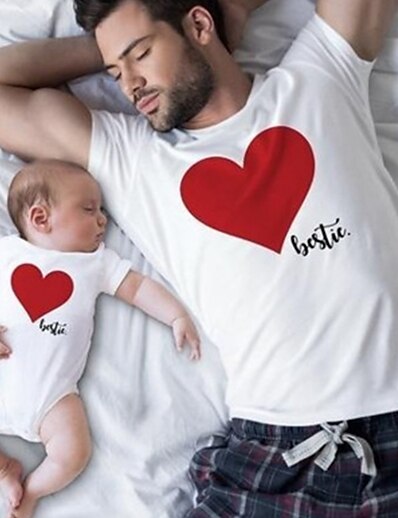 cheap Family Matching Outfits-Dad and Son T shirt Daily Heart Letter Print White Short Sleeve Active Matching Outfits / Fall / Summer / Casual