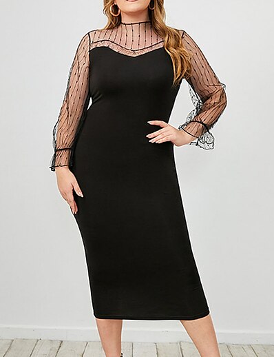 cheap Plus size-Women&#039;s Plus Size Solid Color Sheath Dress Lace Round Neck Long Sleeve Work Sexy Prom Dress Spring Summer Causal Daily Midi Dress Dress / Party Dress